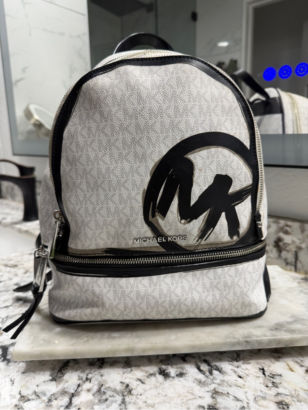 Michael Kors White Backpack with Black Graphic MK Logo